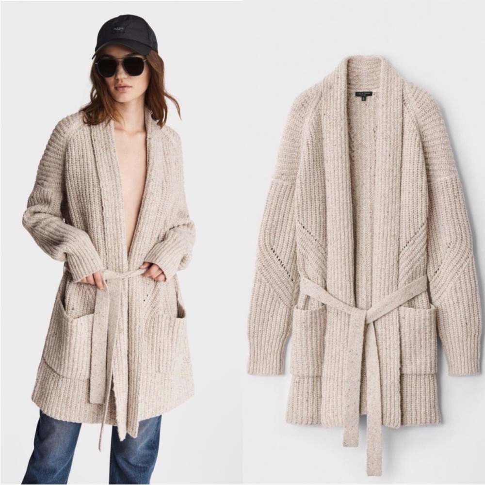 rag & bone donegal knit Chunky Ribbed Belted Cardigan - Oatmeal